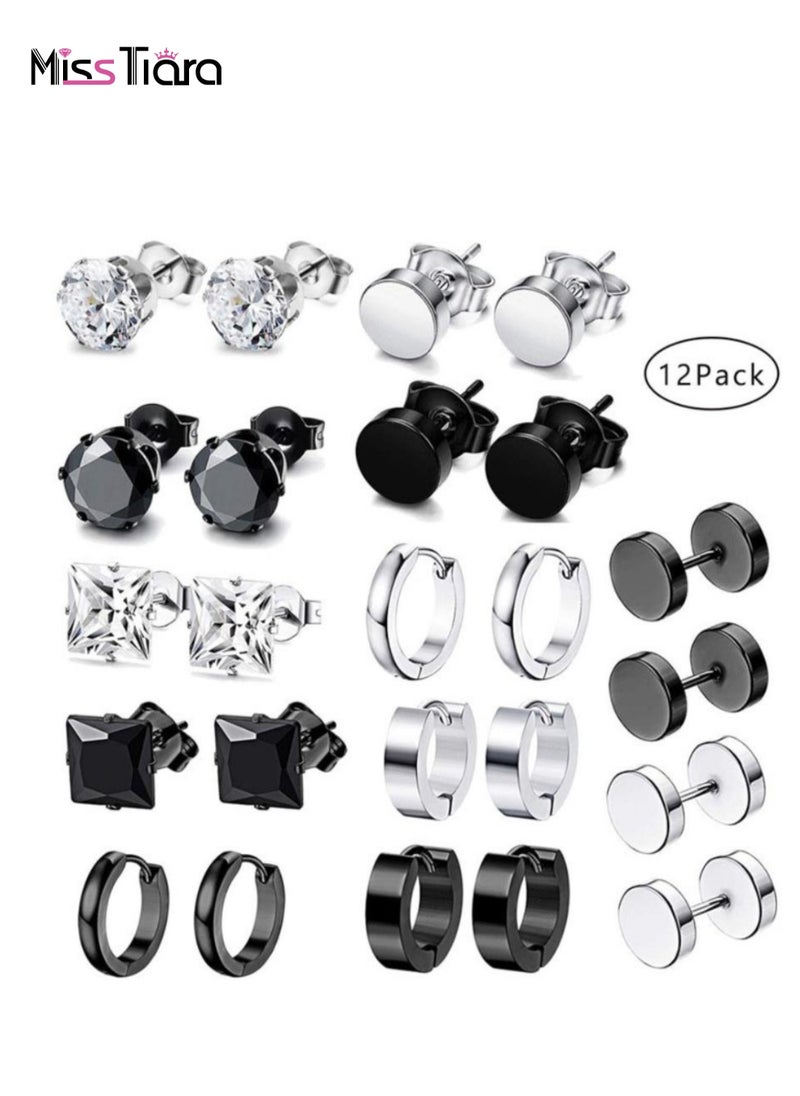 MissTiara 12 Pairs Stainless Steel Stud Earrings Set for Men and Women Unisex  - Image 1