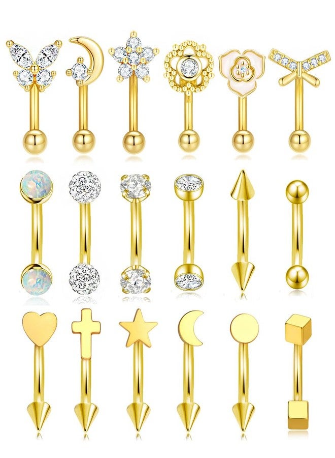 تورنيتو مجموعة تورنيتو من 18 قطعة من مجوهرات ثقب الحواجب، مصنوعة من الفولاذ الجراحي عيار 16، حلقات حواجب منحنية، حلقات على شكل فراشة وهلال، حلقات رأسية، حلقات لابريت، حلقات مونرو، حلقات للشفة، حلقات للسرة، حلقات روك، حلقات دايث، حلقات تراغوس، أقراط ذهبية اللون للنساء والرجال، مقاس 10 مم - Image 1