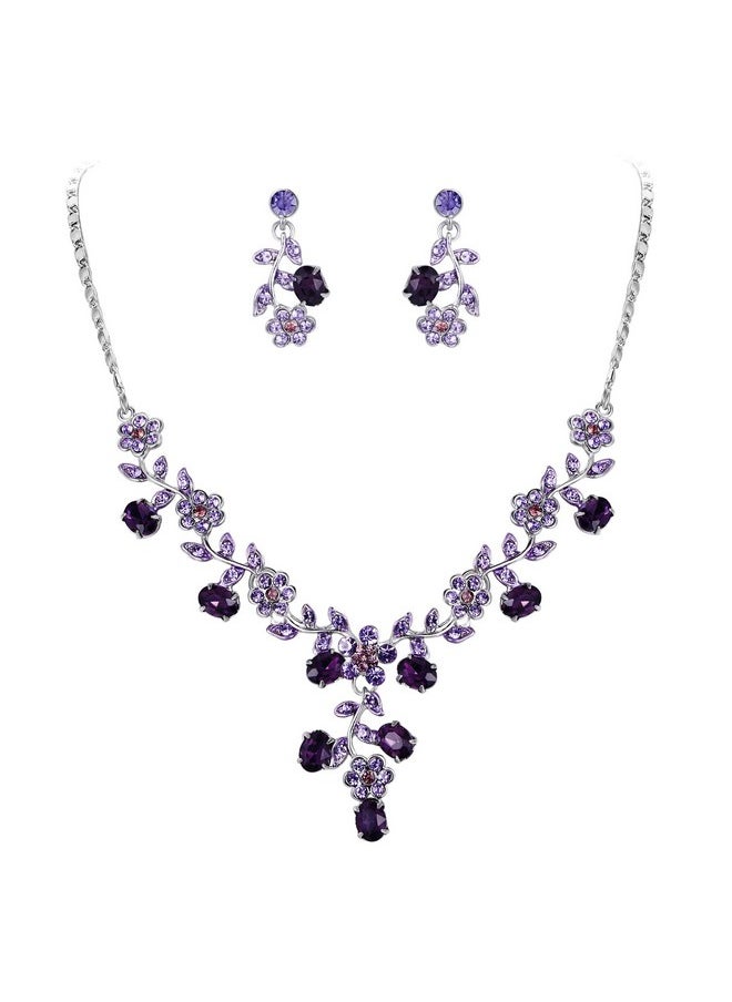 EVER FAITH Wedding Jewelry For Bride, Austrian Crystal Cluster Flower Leaf Bridal Pendant Necklace Earrings Sets Purple Silver-Tone  - Image 1