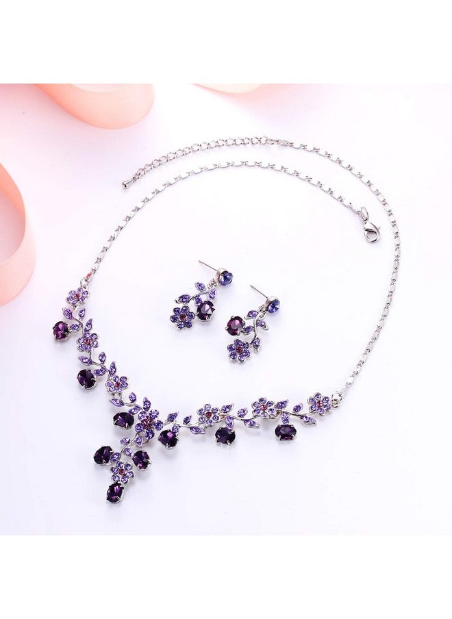 EVER FAITH Wedding Jewelry For Bride, Austrian Crystal Cluster Flower Leaf Bridal Pendant Necklace Earrings Sets Purple Silver-Tone  - Image 4
