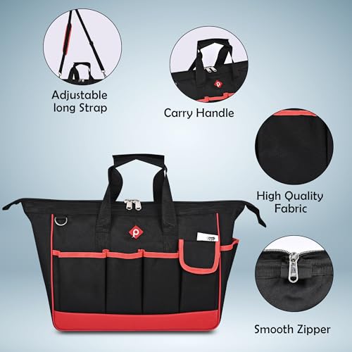 PAHAL 16 Inch Heavy Duty Nylon Tool Bag – Waterproof Wide Mouth Tool Storage Organizer with Multiple Pockets for Electrician, Plumber, Technician, Mechanic & Carpenter, Tool Carry Bag, Black - Image 2