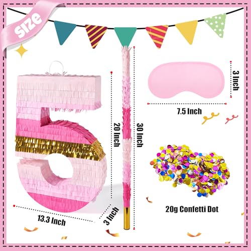 PCFING 20 Inch Number 5 Piata Pink Gold with 30 Inch Piata Stick Blindfold Confetti for Boys Girls Adults Birthday Party Decorations Anniversary Celebration Fiesta - Image 5