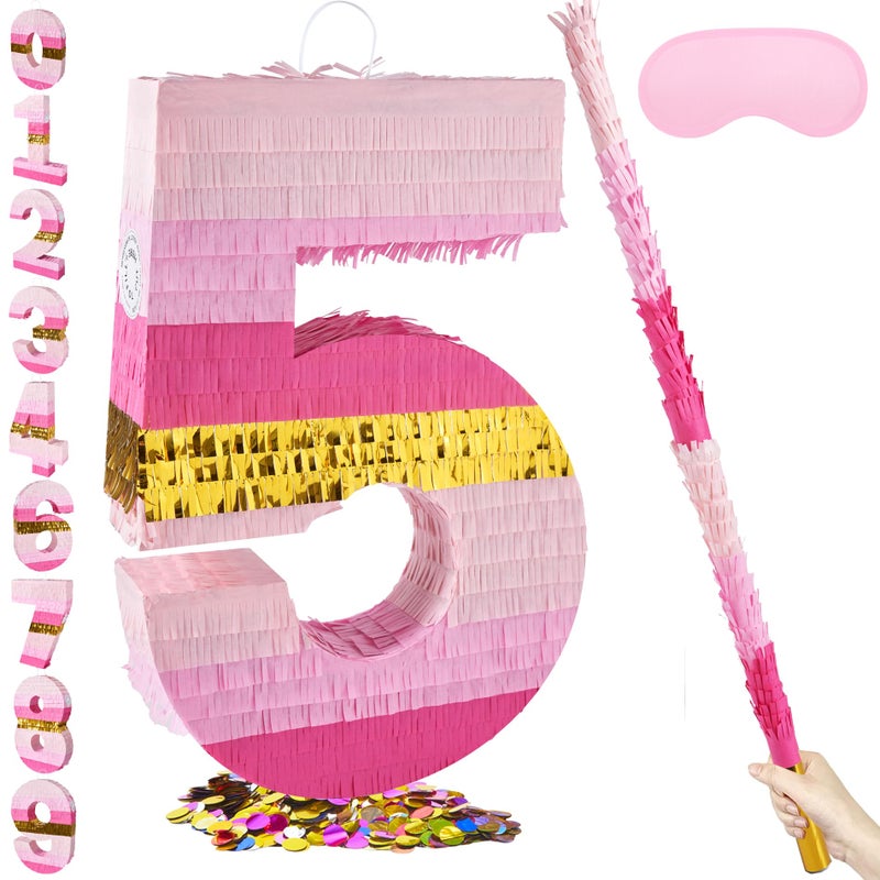 PCFING 20 Inch Number 5 Piata Pink Gold with 30 Inch Piata Stick Blindfold Confetti for Boys Girls Adults Birthday Party Decorations Anniversary Celebration Fiesta - Image 3
