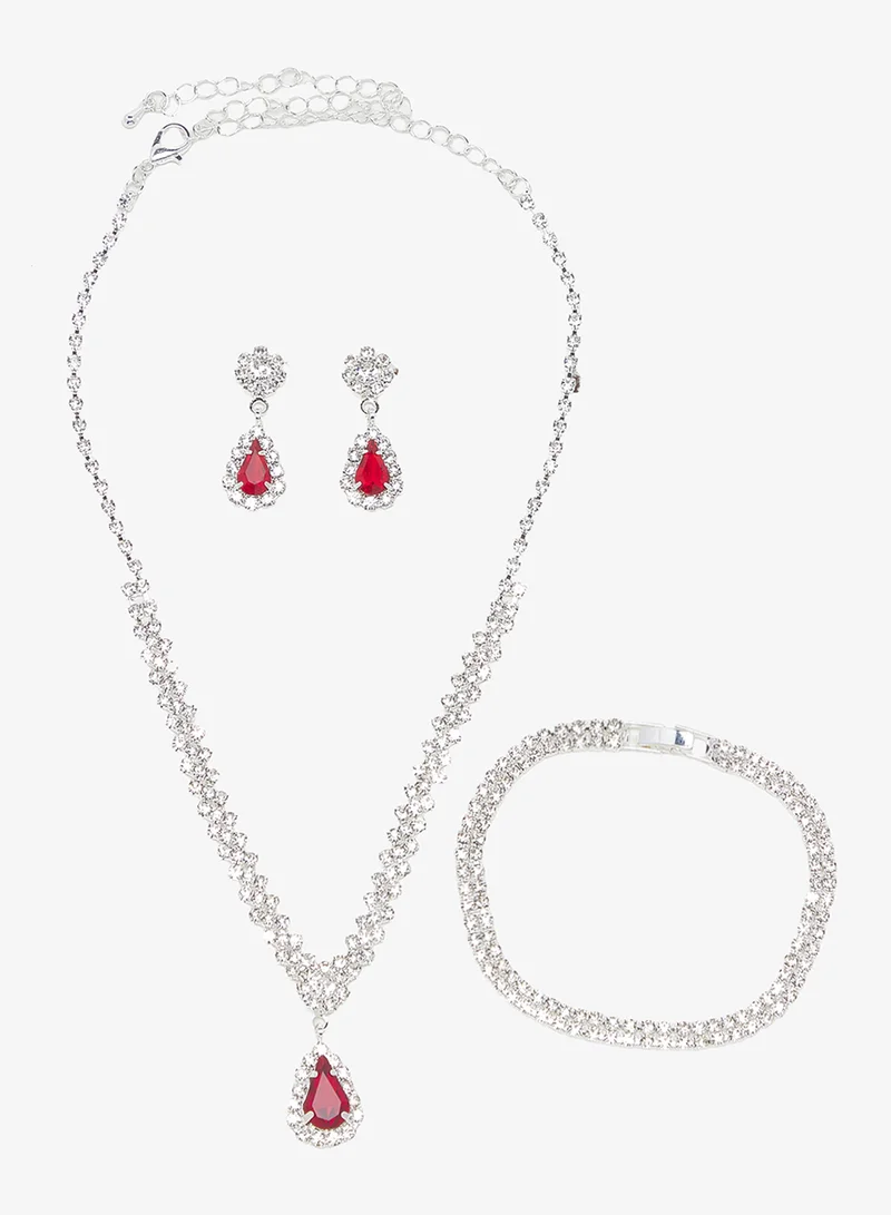 Khizana Silver Diamonte Rhinestone Drop Down Jewelry Set Necklace Earrings