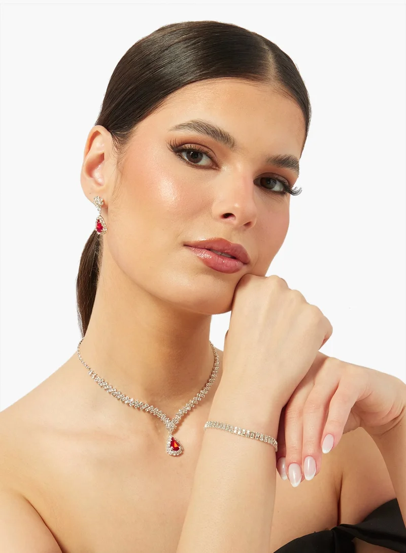 Khizana Silver Diamonte Rhinestone Drop Down Jewelry Set Necklace Earrings