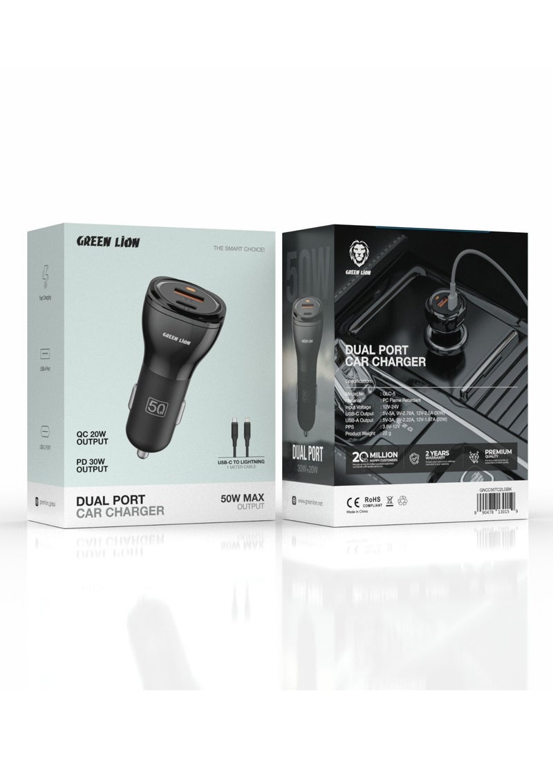 GREEN LION - 50W Dual Port QC 20W Car Charger PD 30W with USB-C to Lightning Cable 1M/ USB-A & USB-C / Fast Charging / PC Flame Retardant Material - Black - Image 1
