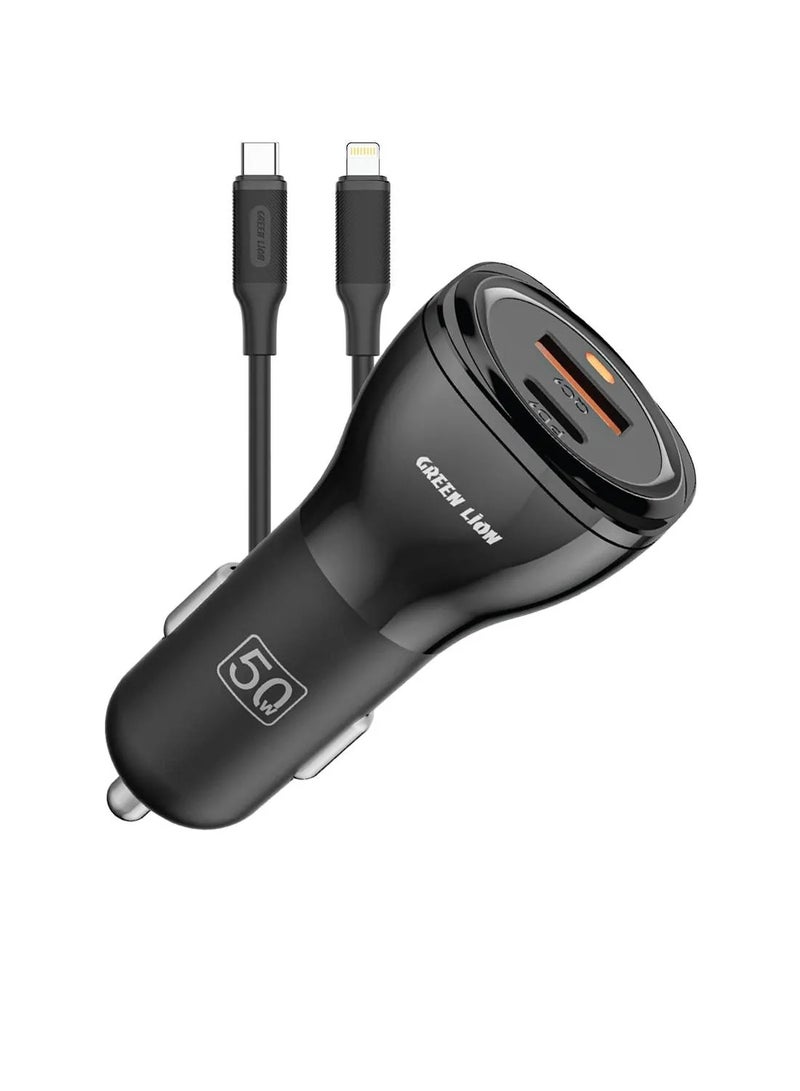 GREEN LION 50W Dual Port QC 20W Car Charger PD 30W with USB-C to Lightning Cable 1M/ USB-A & USB-C / Fast Charging / PC Flame Retardant Material - Black - Image 4