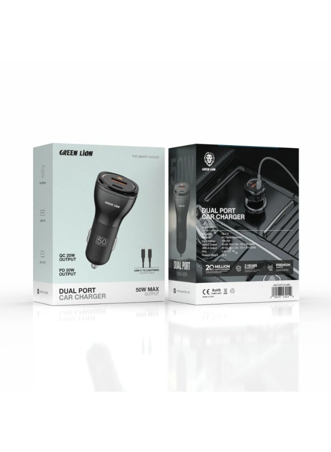 GREEN LION 50W Dual Port QC 20W Car Charger PD 30W with USB-C to Lightning Cable 1M/ USB-A & USB-C / Fast Charging / PC Flame Retardant Material - Black - Image 5