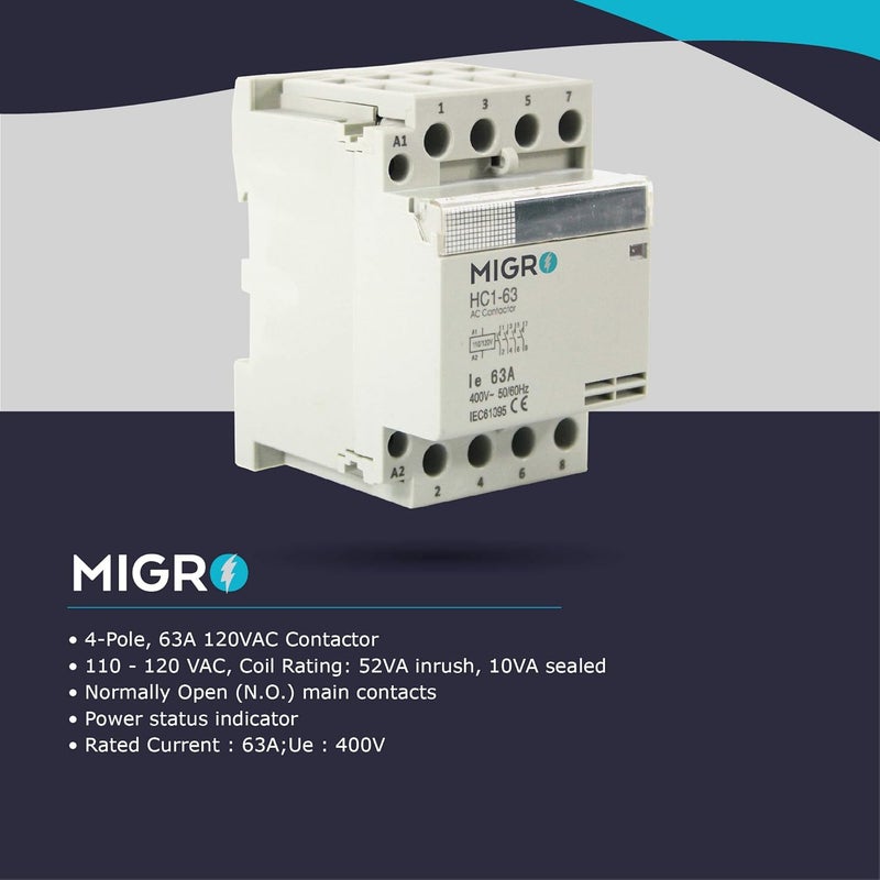 Migro 4 Pole, 60 AMP, 110/120 VAC Normally Open Coil Heavy Duty AC Contactor Replaces Virtually All Residential 4 Pole Models - Image 3
