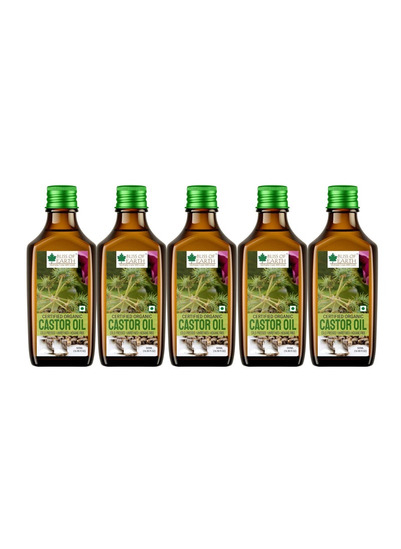 BLISS OF EARTH 500ML Certified Organic Castor Oil for Hair Growth Cold Pressed & Hexane Free Pack of 5  - Image 1