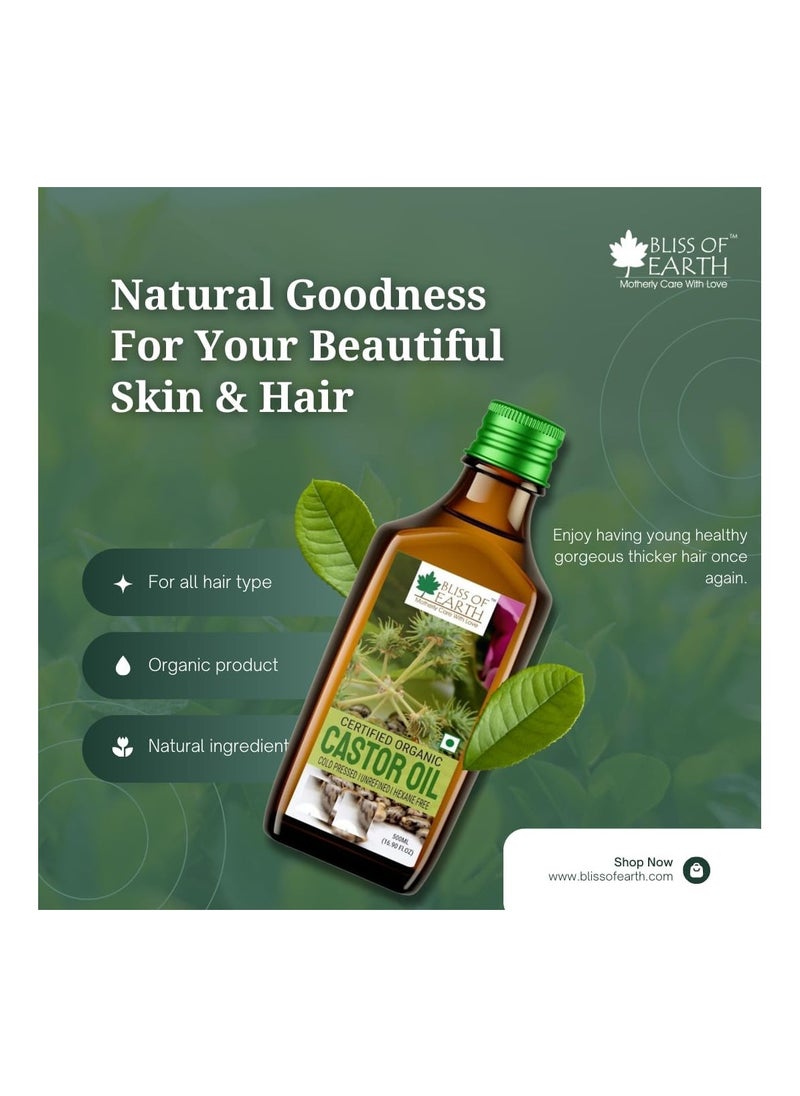 BLISS OF EARTH 500ML Certified Organic Castor Oil for Hair Growth Cold Pressed & Hexane Free Pack of 5  - Image 3