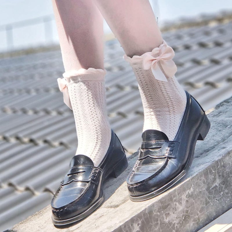 Women Ankle Socks Casual Socks Crew Socks Ruffle Frilly Cotton Socks with Bowknot Knitted Striped Tube Socks - Image 3
