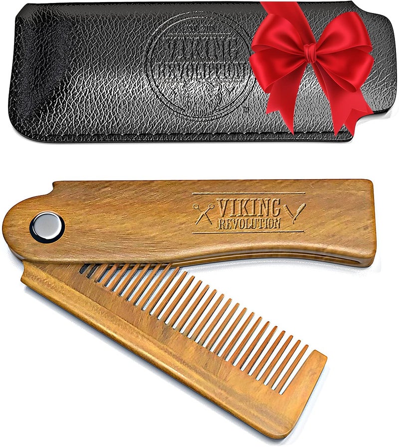 Viking Revolution Folding Beard Comb w/Carrying Pouch for Men - All Natural Wooden Beard Comb w/Gift Box - Green Sandalwood Comb for Grooming & Combing Hair, Beards and Mustaches by Viking Revolution - Image 1