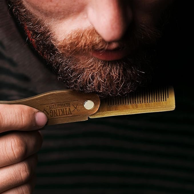 Viking Revolution Folding Beard Comb w/Carrying Pouch for Men - All Natural Wooden Beard Comb w/Gift Box - Green Sandalwood Comb for Grooming & Combing Hair, Beards and Mustaches by Viking Revolution - Image 3