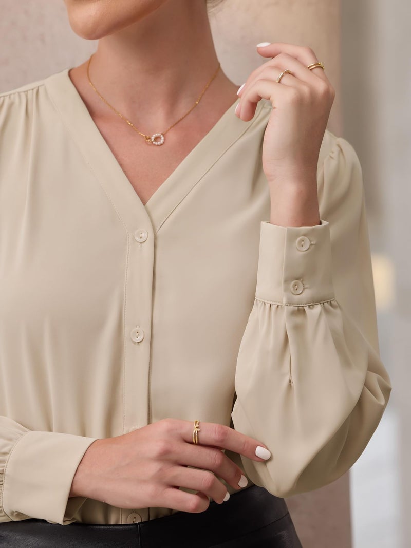 Hobemty Women's Button Down Bodysuit Long Sleeve V Neck Classic Business Work Shirt Top Large Beige - Image 4