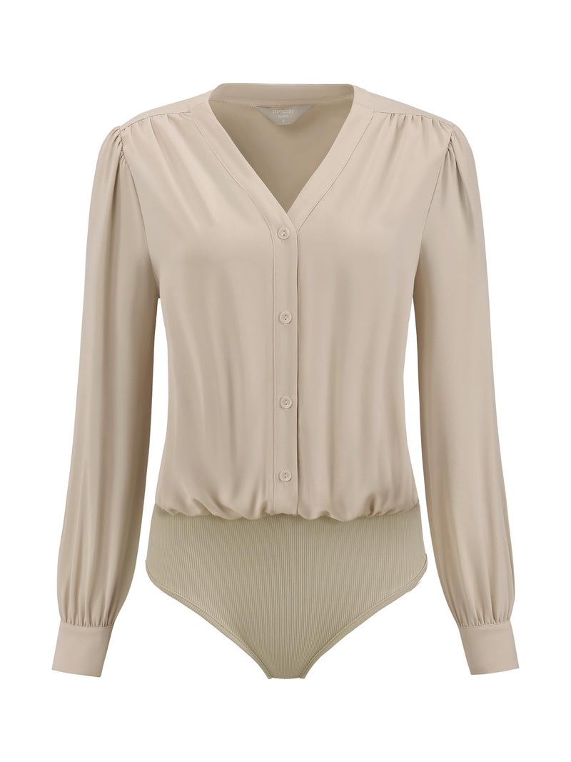 Hobemty Women's Button Down Bodysuit Long Sleeve V Neck Classic Business Work Shirt Top Large Beige - Image 1