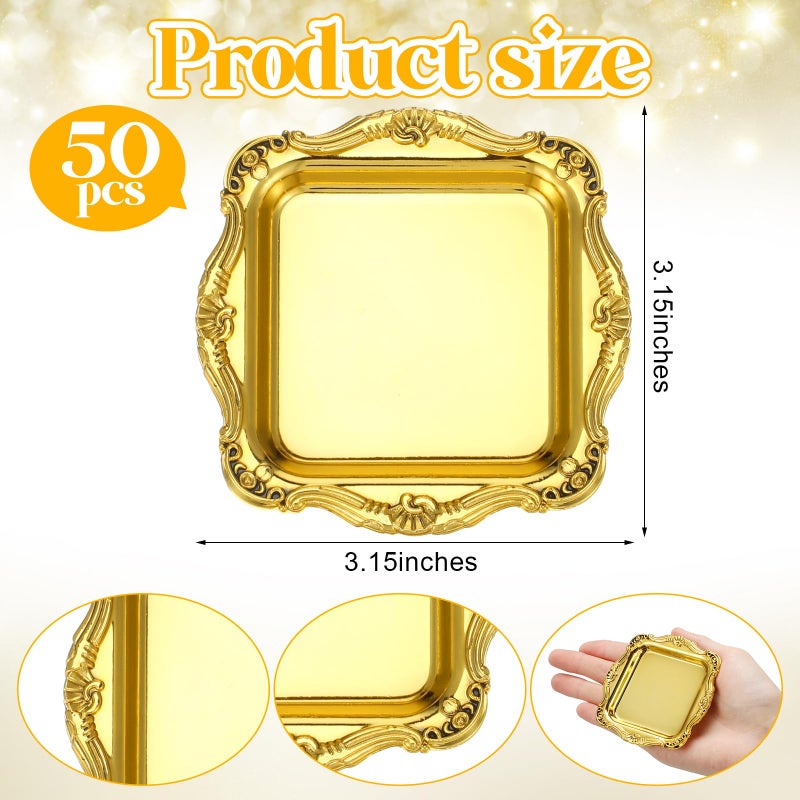 LemonRoad 50 Pcs Gold Mini Square Baroque Dessert Display Trays Mini Elegant Plastic Serving Trays Small Cake Candy Plates for Weddings Parties Hotels Large Celebrations, 3"x3" - Image 4