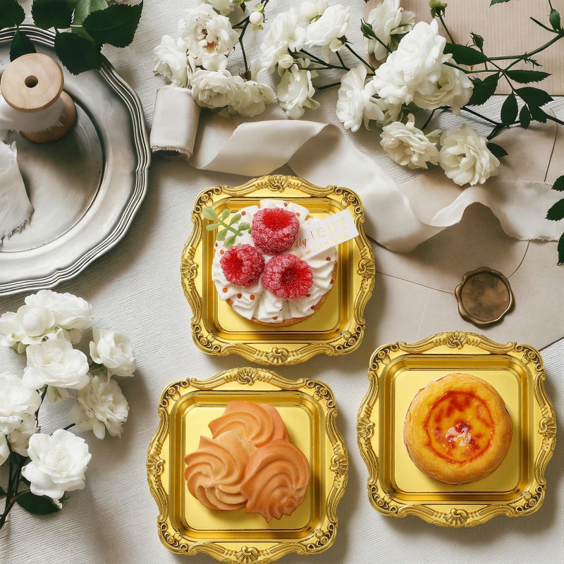 LemonRoad 50 Pcs Gold Mini Square Baroque Dessert Display Trays Mini Elegant Plastic Serving Trays Small Cake Candy Plates for Weddings Parties Hotels Large Celebrations, 3"x3" - Image 2