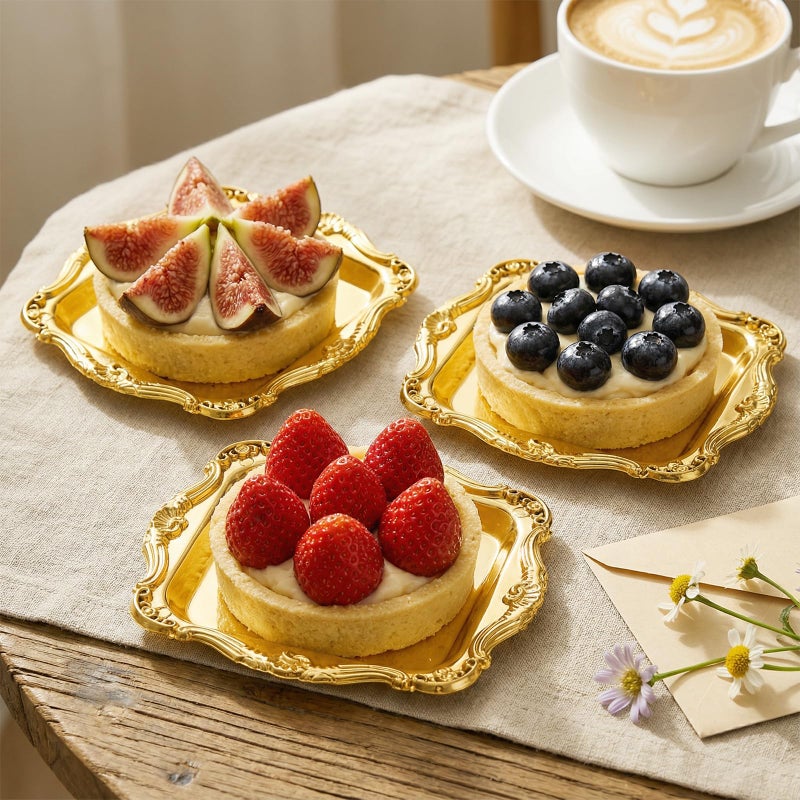 LemonRoad 50 Pcs Gold Mini Square Baroque Dessert Display Trays Mini Elegant Plastic Serving Trays Small Cake Candy Plates for Weddings Parties Hotels Large Celebrations, 3"x3" - Image 3