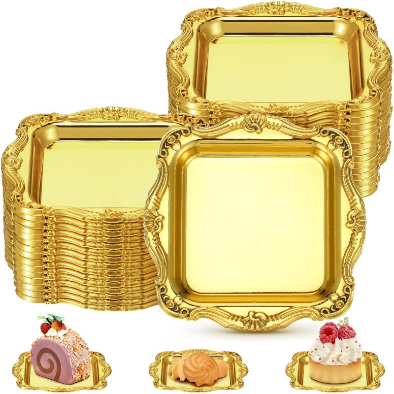 LemonRoad 50 Pcs Gold Mini Square Baroque Dessert Display Trays Mini Elegant Plastic Serving Trays Small Cake Candy Plates for Weddings Parties Hotels Large Celebrations, 3"x3" - Image 1