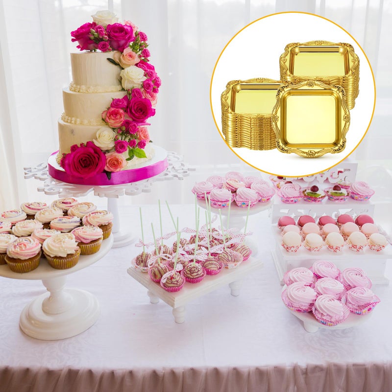 LemonRoad 50 Pcs Gold Mini Square Baroque Dessert Display Trays Mini Elegant Plastic Serving Trays Small Cake Candy Plates for Weddings Parties Hotels Large Celebrations, 3"x3" - Image 5