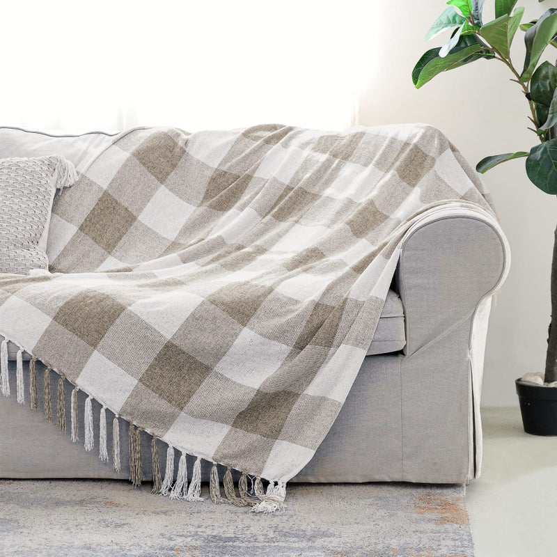 Beige White Buffalo Plaid Decor Blanket Lightweight Soft Chenille Check Knitted Rustic Farmhouse Throw with Tassels for Couch Sofa Chair Bed Office Home Tan and Ivory 50 x 60