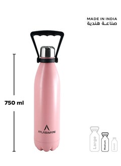 Atlasware Water Bottle with a Capacity of 750 ml, Stainless Steel Water Bottle that keeps Cold for 52 Hours and Keeps Heat for 24 Hours, Pink  - Image 3