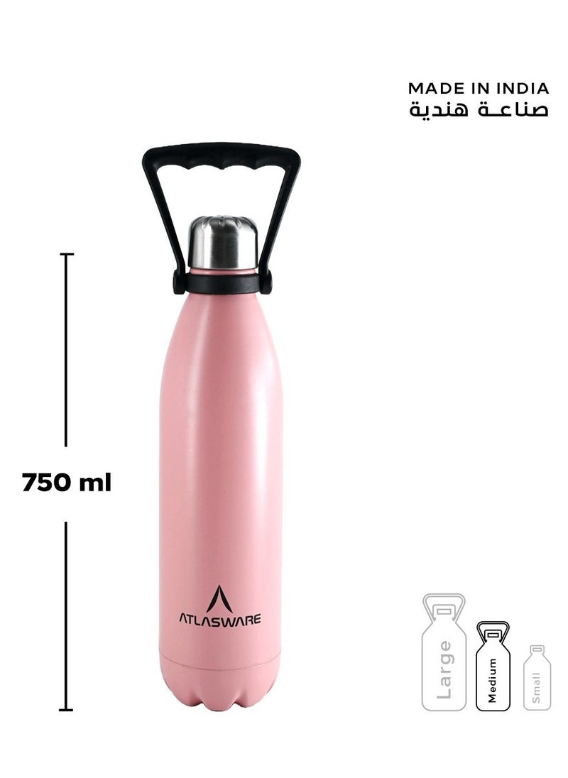 Atlasware - Water Bottle with a Capacity of 750 ml, Stainless Steel Water Bottle that keeps Cold for 52 Hours and Keeps Heat for 24 Hours, Pink - Image 1