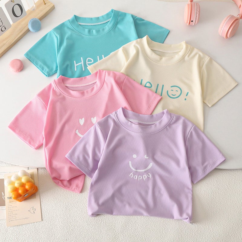 Cool Summer Candy Color Kidsren'S Summer Short-Sleeved T-Shirt Round Neck Ice Silk Shaking T Baby Boy Girl Top Pure Color - Image 2
