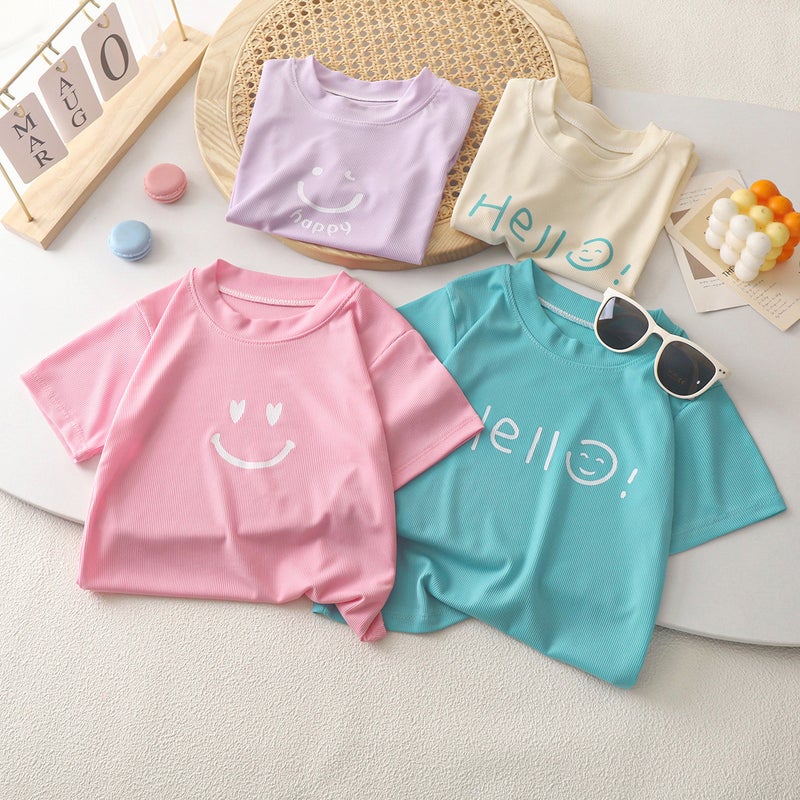 Cool Summer Candy Color Kidsren'S Summer Short-Sleeved T-Shirt Round Neck Ice Silk Shaking T Baby Boy Girl Top Pure Color - Image 3