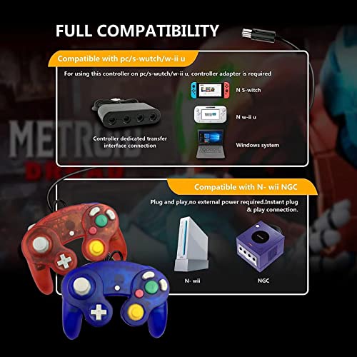 FIOTOK Gamecube Controller, Classic Wired Controller for Wii Nintendo Gamecube (Clear Red & Clear Blue -2Pack) - Image 3