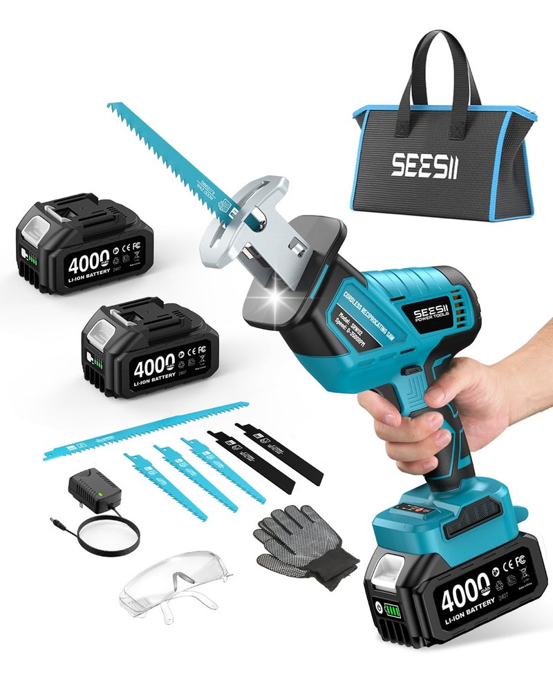 SEESII Reciprocating Saw Cordless, Variable Speed 3500 RPM Brushless Motor with 8 Saw Blades, 2 x 4.0Ah Batteries, LED Light, Toolâ€‘Free Blade Change, Portable for Wood PVC Cutting - Image 1