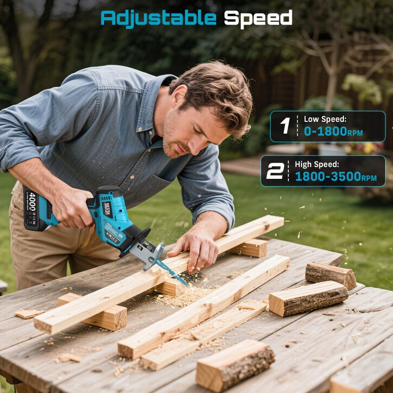 SEESII Reciprocating Saw Cordless, Variable Speed 3500 RPM Brushless Motor with 8 Saw Blades, 2 x 4.0Ah Batteries, LED Light, Toolâ€‘Free Blade Change, Portable for Wood PVC Cutting - Image 5
