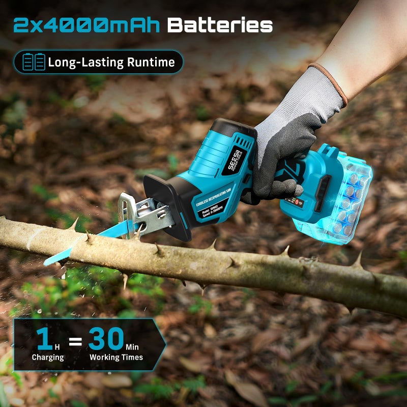 SEESII Reciprocating Saw Cordless, Variable Speed 3500 RPM Brushless Motor with 8 Saw Blades, 2 x 4.0Ah Batteries, LED Light, Toolâ€‘Free Blade Change, Portable for Wood PVC Cutting - Image 2