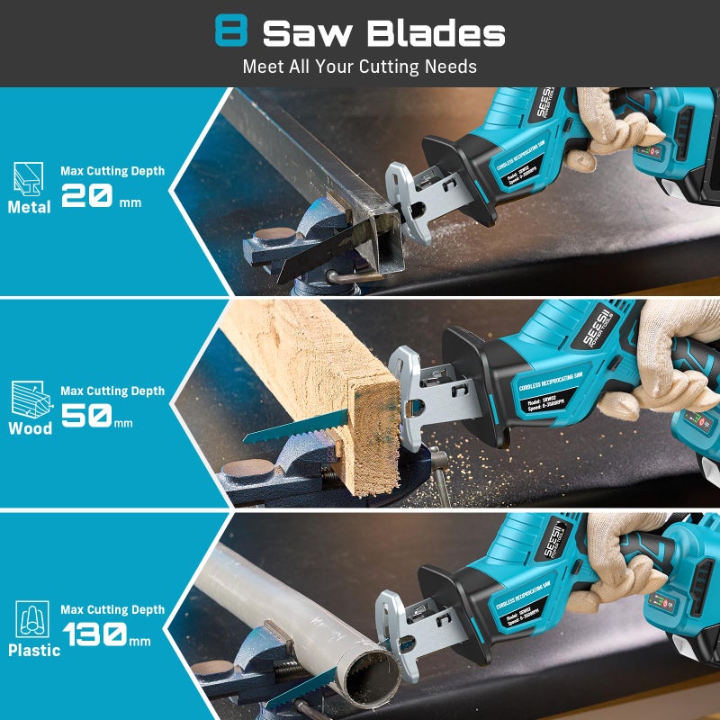 SEESII Reciprocating Saw Cordless, Variable Speed 3500 RPM Brushless Motor with 8 Saw Blades, 2 x 4.0Ah Batteries, LED Light, Toolâ€‘Free Blade Change, Portable for Wood PVC Cutting - Image 4