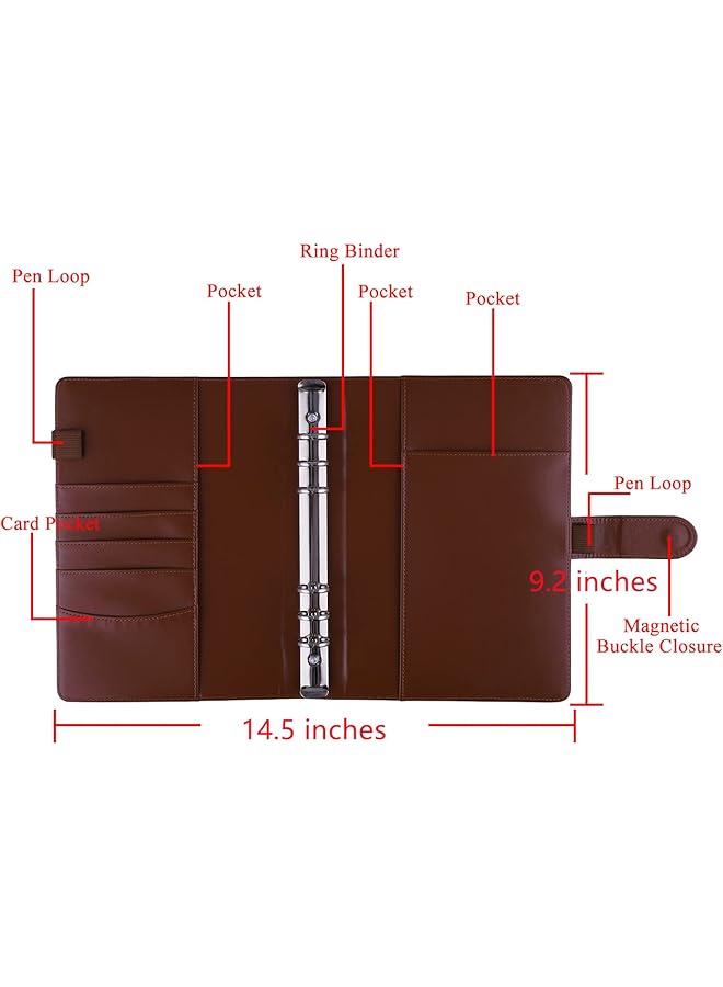 A5 Pu Leather Binder 6 Ring Notebook Binder Cover For A5 Filler Paper Refillable A5 Personal Planner Budget Binder With Magnetic Buckle Closure Brown