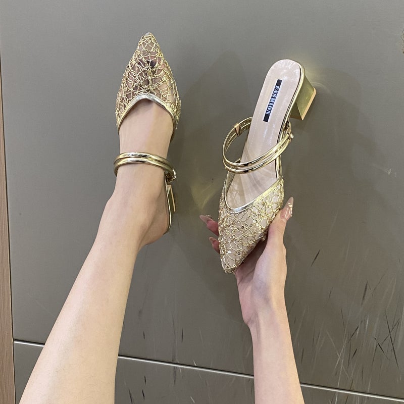 Spring Elegant Hollow-Out All-Match High-Heel Women'S Sandals Baotou Single-Layer Shoes Women'S Rhinestone Two-Wear Women'S Shoes - Image 1