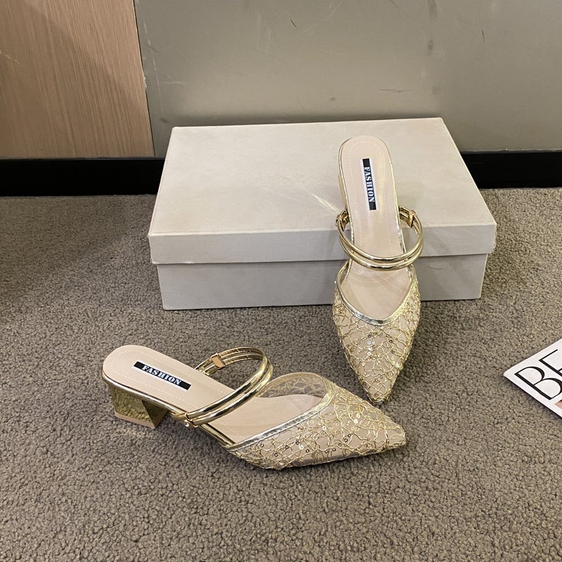 Spring Elegant Hollow-Out All-Match High-Heel Women'S Sandals Baotou Single-Layer Shoes Women'S Rhinestone Two-Wear Women'S Shoes - Image 5