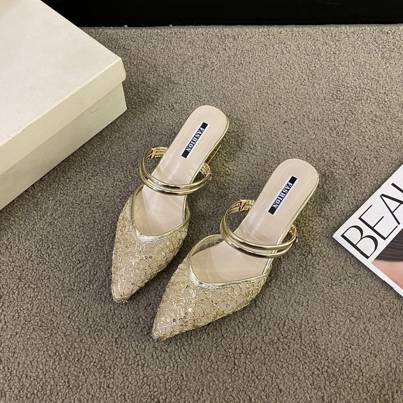 Spring Elegant Hollow-Out All-Match High-Heel Women'S Sandals Baotou Single-Layer Shoes Women'S Rhinestone Two-Wear Women'S Shoes - Image 4