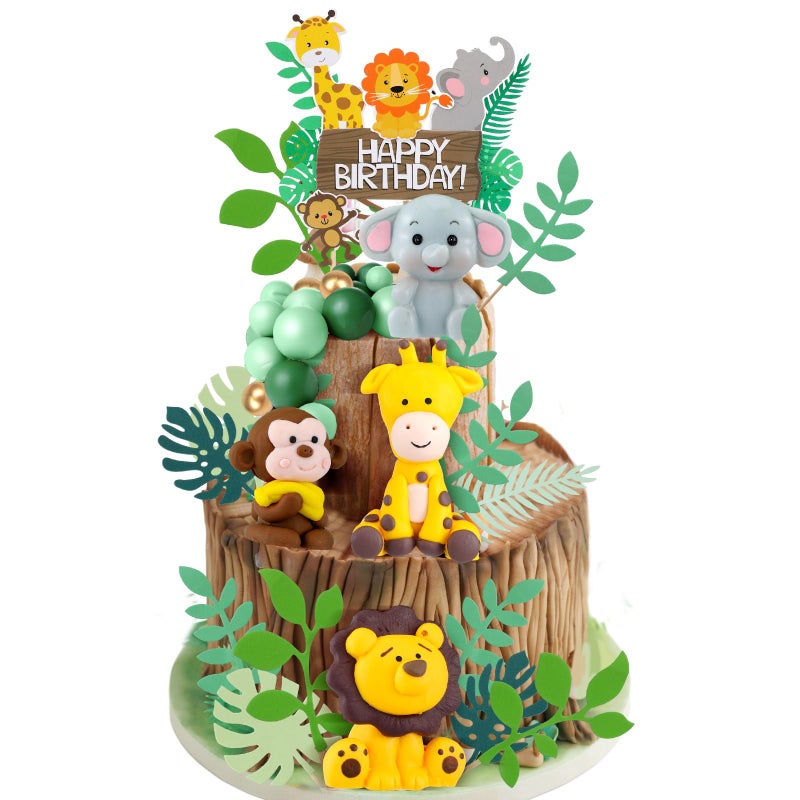 Marsui 36 Pcs Safari Cake Topper Leaves Cake Decorations Elephant Birthday Cake Toppers Jungle Animals Cakes Toppers Woodland Animal Tiger Lion for Party Baby Shower Birthday Supplies - Image 1