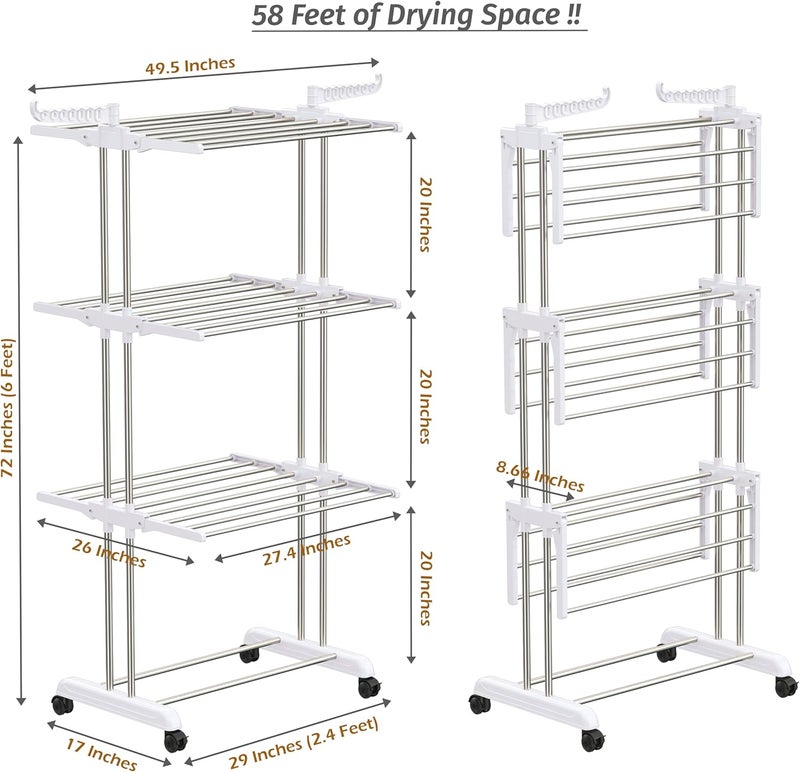 SYNERGY - Premium Heavy Duty Stainless Steel Foldable Cloth Drying Stand/Clothes Stand for Drying/Cloth Stand/Clothes Dryer/Laundry Racks (3 Tier) White - SY-CS21 - Image 3