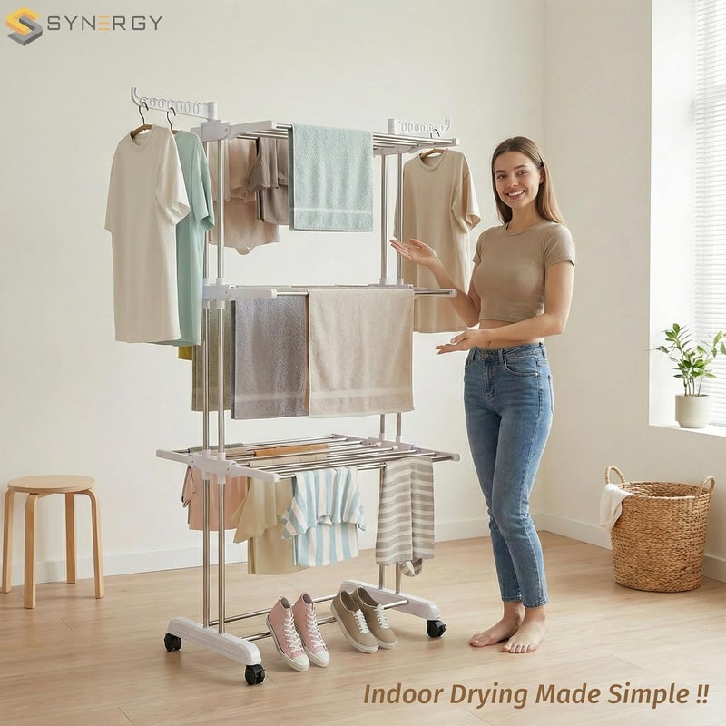 SYNERGY - Premium Heavy Duty Stainless Steel Foldable Cloth Drying Stand/Clothes Stand for Drying/Cloth Stand/Clothes Dryer/Laundry Racks (3 Tier) White - SY-CS21 - Image 2