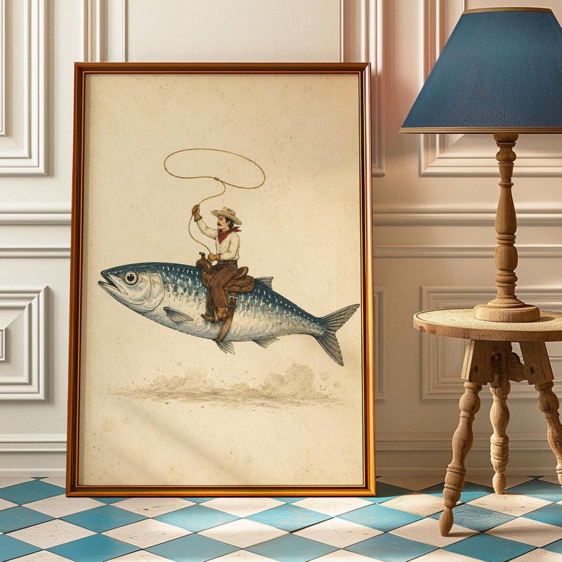 TNESSENTIAL Cowboy Riding Fish Poster, Funny Fishing Wall Art, Vintage Western Print - Image 1