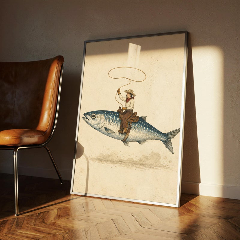 TNESSENTIAL Cowboy Riding Fish Poster, Funny Fishing Wall Art, Vintage Western Print - Image 3