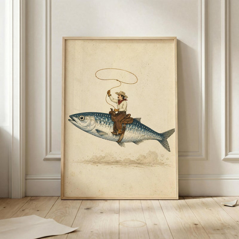 TNESSENTIAL Cowboy Riding Fish Poster, Funny Fishing Wall Art, Vintage Western Print - Image 2