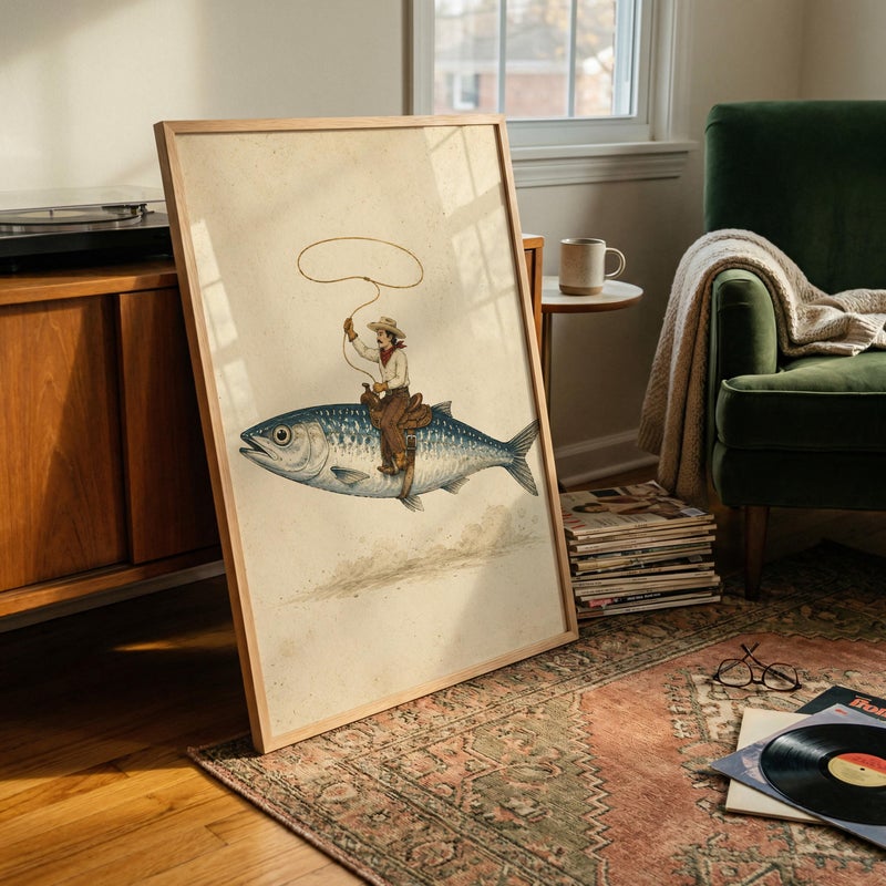 TNESSENTIAL Cowboy Riding Fish Poster, Funny Fishing Wall Art, Vintage Western Print - Image 4