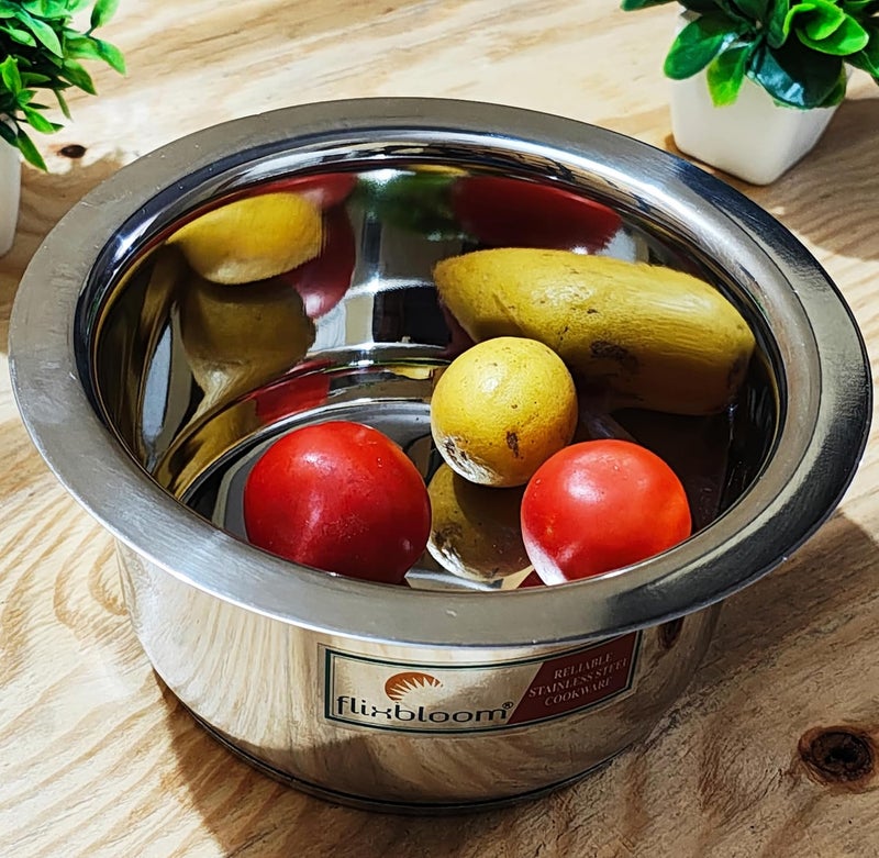 FLIXBLOOM Nodal Food Grade 3 Litre Stainless Steel with Triply Bottom Cookware | Induction Base | LPG Gas Friendly Kitchen Utensil Tope/Patila/Bhagona for Cooking & Serving with Lid (3 Litre) - Image 3