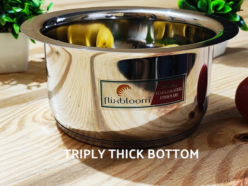 FLIXBLOOM Nodal Food Grade 3 Litre Stainless Steel with Triply Bottom Cookware | Induction Base | LPG Gas Friendly Kitchen Utensil Tope/Patila/Bhagona for Cooking & Serving with Lid (3 Litre) - Image 2
