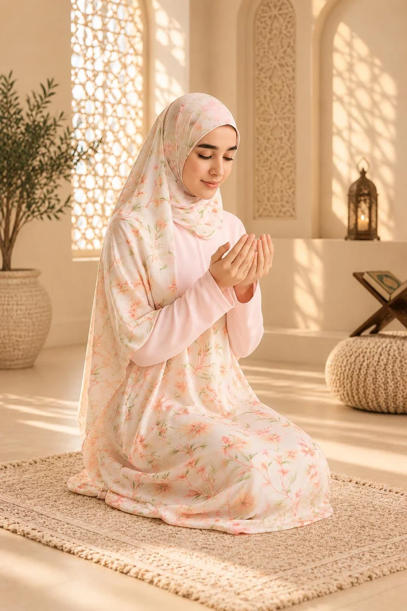 أرتيميا Lt. Pink flower printed zipper style Women's Prayer dress with Hijab
