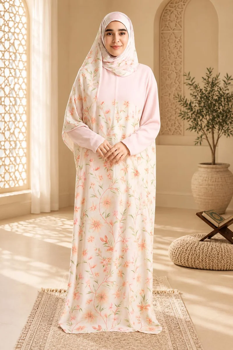 أرتيميا Lt. Pink flower printed zipper style Women's Prayer dress with Hijab